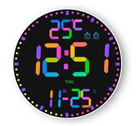 Elecbee Horloge Murale Numérique LED Ronde 29.5CM, Horloge Murale Électrique Moderne avec Télécommande, 12 Couleurs RGB, Température, Humidité, Date, Alarmes, Luminosité Auto pour Salon Chambre Bureau