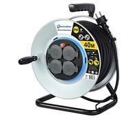 Electraline 208683 Enrouleur Electrique Professionnel 40M pour chantier en Métal 4 prises IP44 avec Guide pour le câble, Platine fixe et poignée ergonomique