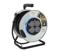 Electraline 208684 Enrouleur Electrique Professionnel 25M pour chantier en Métal 4 prises IP44 avec Guide pour le câble, Platine fixe et poignée ergonomique,