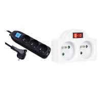 Electraline 32050 Bloc Multiprises 3 prises, interrupteur et fiche Plate - 1,5m, noir & 531192 Adapteur Fiche Multiprise Biplite avec Interrupteur 2 Prise 16A, Blanc