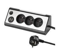 Electraline 35430, Bloc multiprises d’Angle, 3 Prises, 2 Ports USB Interrupteur on/Off pour éteindre/Allumer la LED, Câble 1,5M, Gris/Noir