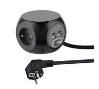 Electraline 35441 Mini Cube avec 3 Ports USB 2.4A, Bloc 3 Prises avec Interrupteur, Rallonge Multiprise 3M, Noir