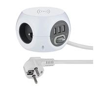 Electraline 35444 Mini Cube avec Chargeur rapide sans fils, Fast Wirelss Charger Qi, 3 Ports USB 2.4A, Bloc 3 Prises avec Interrupteur, Rallonge Multiprise 1,5M, Blanc