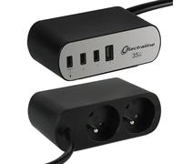 Electraline 35461 Bloc Multiprise pour Bureaux Electradock avec 2 Prises Françaises + 4 USB (3 USB C (Power Delivery) PD35W + 1 USB A QC) + 1 support de bureau inclus
