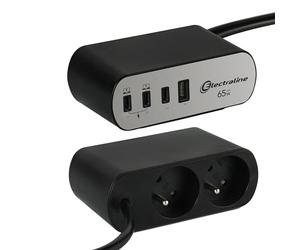 Electraline 35462 Bloc Multiprise pour Bureaux Electradock avec 2 Prises Françaises + 4 USB (3 USB C (Power Delivery) PD65W + 1 USB A QC) + 1 support de bureau inclus