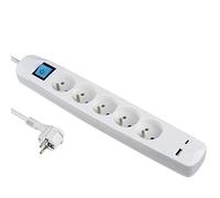 Electraline 35614 Bloc Multiprise 5 Prises Françaises + 2 USB 3.4A 17W A + 1 Type C, avec Interrupteur on/Off, Fiche Extra Plate 90° 16A, Câble 1.5M, Blanc