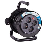 Electraline 49031 Enrouleur, H05VV-F 3G1,5, 15 m, IP20, pour l'intérieur, avec 4 Prises Schuko, boîte de câble avec rallonge et manivelle, Noir