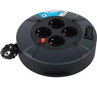 Electraline 49076 - Tambour de câble/boîte à câbles 4 prises 4 m - IP20 intérieur/enrouleur de câble avec 4 prises Schuko/boîte de câble avec rallonge/enrouleur de câble avec manivelle - Noir
