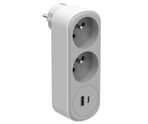 Electraline 531202 Adaptateur Fiche Multiprise Biplite Prima 2 Prise 16A avec 2 USB (1 type 1 type C) 17W, Blanc/Gris