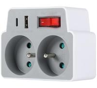 Electraline 531208 Adaptateur Fiche Multiprise Biplite 2 Prise 16A + 2 USB (A + C) 12W avec Interrupteur ON/OFF, 2 Prises 16A