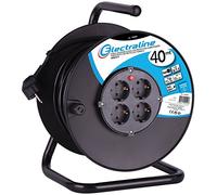 Electraline 600150 Enrouleur de câble, H05VV-F 3G1,5, 25 m, IP20, pour l'intérieur, avec 4 Prises Schuko, boîte de câble avec rallonge, Enrouleur de câbles avec manivelle, Noir