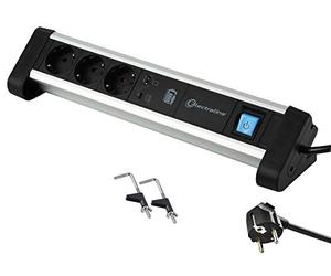 Electraline 62556 Multiprise 3 prises en aluminium pour le bureau avec 2 ports USB 65 W (1 type C PD pour charger des ordinateurs + 1 câble USB 3 A) de 2 m/prise de table/bureau multifonction