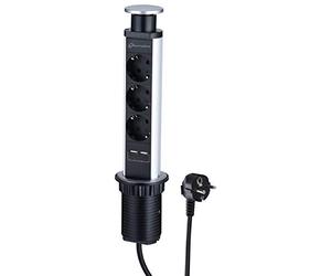 Electraline 62557 Bloc Multiprise de Bureau Escamotable 3 Prises + 2 USB, diamètre Standard 60mm, Prise encastrable pour Cuisine, Bureau