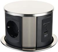 Electraline 62571 Prise Rétractable 3 Voies avec 2 USB (Type A + Type C 15,5 W), Câble 2 m, Plan de Travail Intégré, Multiple, D 120 mm