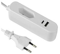 Electraline 62654, Extension électrique Adaptateur de Voyage européen (Type Europlug C) / Chargeur de Charge Rapide Portable avec 2 Ports USB 2.4A (1 USB type A + 1 USB type C), 1.5M de câble, Blanc