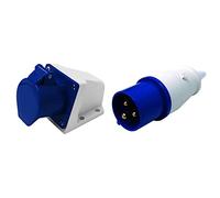 Electraline 80868, Prise industrielle Murale inclinée, 32A, 2P + T, 380V, IP44, Bleu & 80855 Fiche électrique industrielle, IEC, 16A, 2P+E, 220V, IP44, Bleu