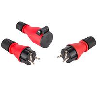 Electraline 92383 Lot de 1 fiche + 1 prise professionnelle Schuko Protection IP54 avec bague de blocage de câble & Fiche mâle étanche bimatière en Caoutchouc et Polycarbonate, Protection IP54, Rouge