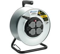 Electraline 94012 Bobine de construction métallique professionnelle 4 prises IP44 Sans passage des câbles et poignée ergonomique, convient aux gants de travail
