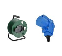 Electraline 94015, Enrouleur Vide, Mesure jusqu'à 50 mètres, sans câble, Convient à la Maison & 55086 Prise électrique angulaire filaire, Prise industrielle Double 2 Prises IP44