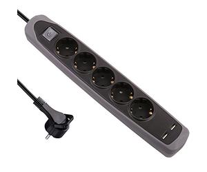 Electraline Bloc multiprises 5 prises et 2 prises USB 2,1 A 2 m, gris, 62156