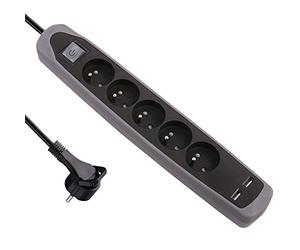 Electraline Gummy 35619 Bloc Multiprise 5 prises et 2 USB avec interrupteur - couverture en silicone antidérapant - câble 2 mt - fiche plat