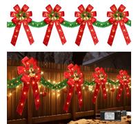 ElectricWise Nœuds de Noël de 4 m pour décoration de clôture, grands nœuds de Noël éclairés à 140 DEL avec 8 modes et minuterie pour porte d'entrée de fête, cheminée (rouge, guirlande artificielle)