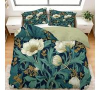 Élégance Florale William Morris Housse de Couette - Parure de Lit 3 Pièces 100% Microfibre - Housse de Couette Imprimée 3D avec Fermeture Éclair - Linge de Lit Doux & Respirant, Bleu Vert, 90 x 190 cm