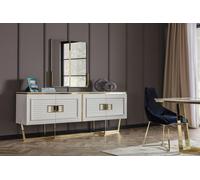 Élégant buffet blanc avec miroir en bois, métal et verre