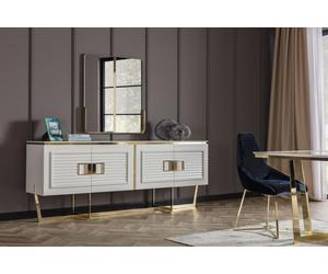 Élégant buffet blanc avec miroir en bois, métal et verre