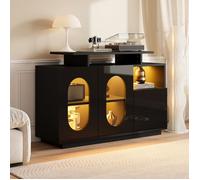 Élégant buffet noir à LED avec portes en verre ovales et façade brillante, Buffet salle a manger à un espace de rangement pratique