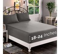 Elegant Comfort 1500 Premium Quality Fitted Sheet Ultra Soft 18-24 inch Extra Deep Pocket - Single Fitted Sheet for High Mattress - Wrinkle Free with Smart Storage Pockets, Queen, Gray