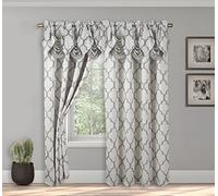 Elegant Comfort Lot de 2 Rideaux Aspect Jacquard avec cantonnière Cascade attachée, 137,2 x 213,4 cm, Motif quadrilobe, Gris argenté