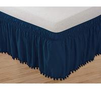 Elegant Comfort Pom-Pom-Cache-sommier élastique Infroissable avec nœud sur Le Dessus et Franges à Pompons pour Grand lit/très Grand lit, Bleu Marine