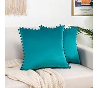 Elegant Comfort POMS Lot de 2 Housses de Coussin carrées décoratives en Velours Doux de Couleur Unie avec Franges pour canapé-lit, Salon - 45,7 x 45,7 cm - Turquoise
