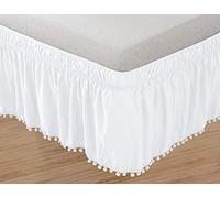Elegant Comfort Top-Knot Jupe de lit élastique à Franges à Pompons, Infroissable, Hauteur de 40,6 cm, pour lit Queen/King, Blanc