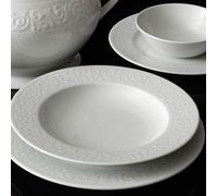 Élégant service à dîner 53 pièces, 100% porcelaine, blanc | Comprend assiettes, bols, plats, shakers à sel et poivre | Passe au lave-vaisselle et au micro-ondes, parfait pour toutes les occasions