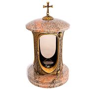 Élégante Lanterne Funéraire en Granit Multicolore Rouge - Hauteur 27 cm/Ø 15 cm - Avec Croix et Socle en Bronze - Décoration Funéraire