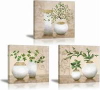 Élégante plante verte art mural - décoration élégante - 3 pièces - vert - cadre en bois - 30 x 30 cm