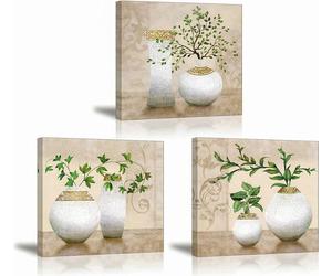Élégante plante verte art mural - décoration élégante - 3 pièces - vert - cadre en bois - 30 x 30 cm