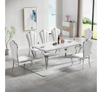 Élégante table de salle à manger en marbre de 177,8 cm avec 4 chaises en cuir blanc et base en acier inoxydable - Parfait pour la maison et le restaurant