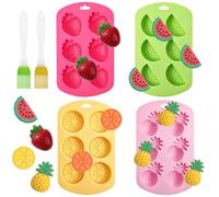 Elegaperma Lot de 6 grands moules en silicone en forme d'ours en caoutchouc | Moule en silicone en forme d'ourson en caoutchouc avec 2 brosses à huile (pastèque, ananas, fraise, citron), vert/rose/jaune