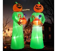 Elegear 3 m animé Halloween gonflable avec tête de citrouille rotative | Tête de citrouille double face auto-rotative, 4 LED blanches et bol à bonbons lumineux ; gonflable pour cour, porche
