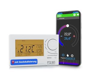 ELEKTROBOCK PT32 WiFi - Thermostat d'ambiance numérique avec géolocalisation - Thermostat Mural programmable Intelligent avec Application ou Manuel - 9 programmes hebdomadaires - Blanc