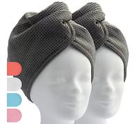 ELEXACARE Turban Cheveux à Bouton, Microfibre, 2 pièces, Anthracite | Serviette tête, bonnet séchant, 28x65 cm, femmes, hommes, enfants, 80 % polyester / 20 % polyamide, lavable à 60 °C