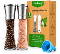 Elf-Family Moulin à Poivre et Sel Lot de 2, Salière et Poivrière en Verre et Acier Inoxydable avec Mécanisme en Céramique Réglable, Moulin à Épices pour Gros Sel, Graines de Lin et Épices, 200 ml