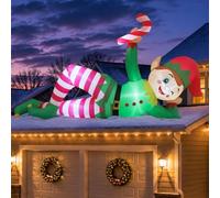 Elfe allongé gonflable de Noël de 3 m avec canne à sucre d'orge pour | Design ludique, clignotant, lumières LED intégrées lumineuses qui se gonflent en 2 minutes, souffleur puissant, durable