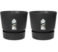 Elho Greenville Rond 18 - Pot De Fleurs avec Un Réservoir d'eau Intégré - Interieur & Extérieur - Plastique 100% Recyclé - Ø 18.3 x H 17.4 cm - Noir/Living Noir (Lot de 2)