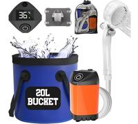 Elil Pompe de douche de camping portable avec seau pliable de 10 litres - Douche électrique rechargeable pour camping (pompe de douche + seau de 17,7 l)
