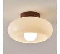 Elksdut Plafonnier Moderne Rond en Bois avec Abat-Jour en Verre, Montage Semi-encastré, plafonnier en métal E27, Proche des plafonniers pour Couloir, Cuisine, évier, Salon