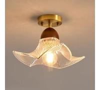 Elksdut Plafonnier semi-encastré à douille E27, plafonnier en verre nervuré à fleurs, luminaire intérieur en bois et en laiton for couloir, porche, cuisine, chambre à coucher(Clear)